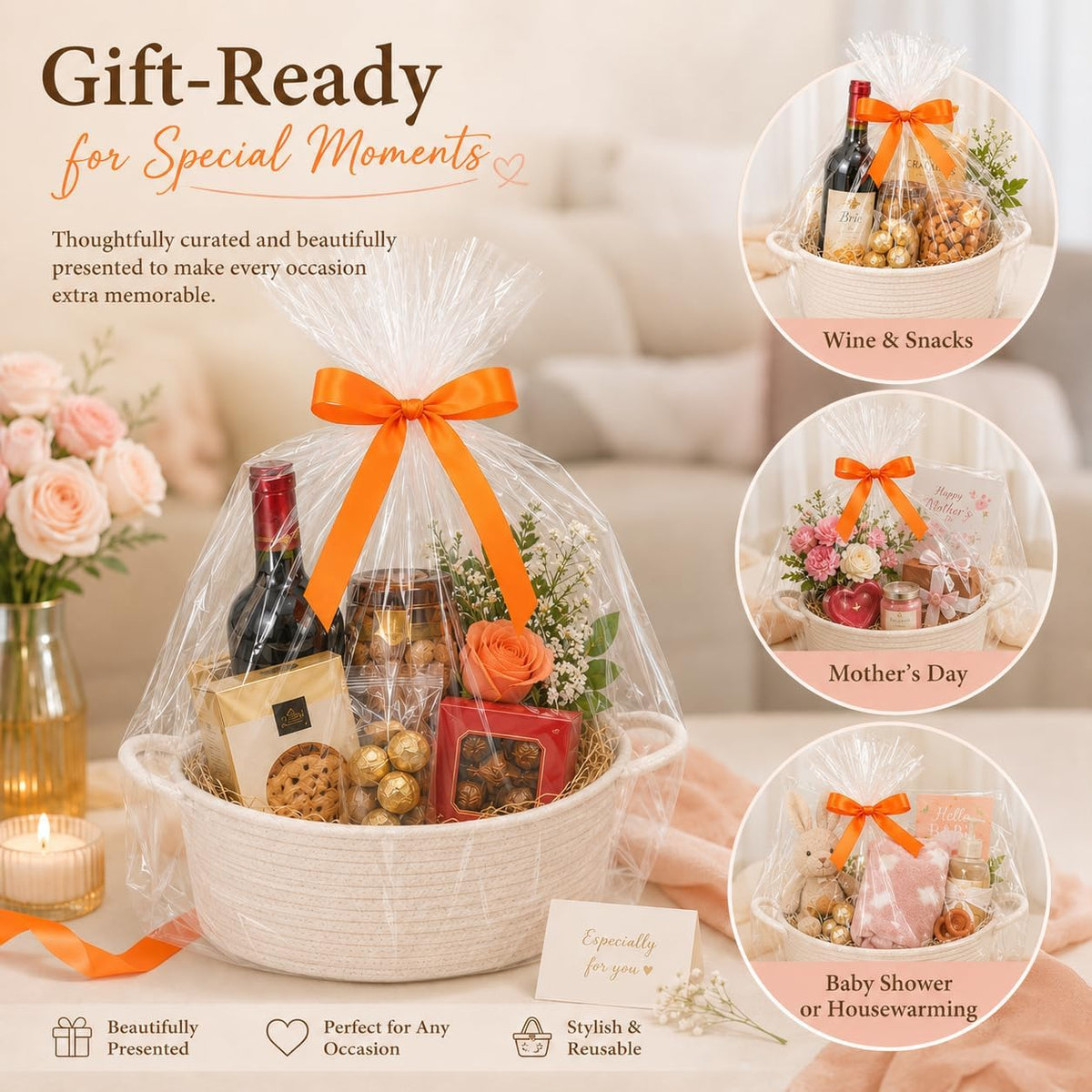 9Pcs Baskets for Gifts Empty with Gift Bags and Ribbons, Small Cute