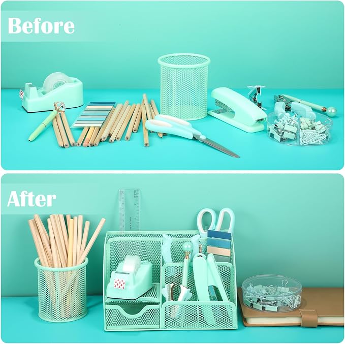 Green Desk Organizers and Accessories, Teal Office Supplies Set Green Mesh Desk - Image 5