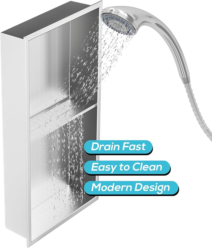 Stainless Steel Shower Niche 24" X 12", No Tile Needed Wall Niche Double Shelves - Image 6