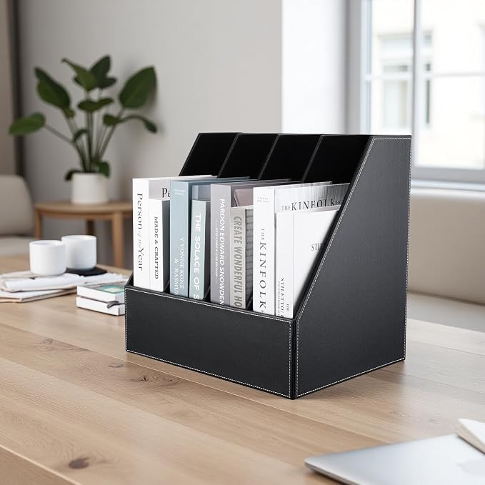 KINGFOM 4-Slot Wood Leather Document Files Holder Rack Stand Desk Files - Image 3