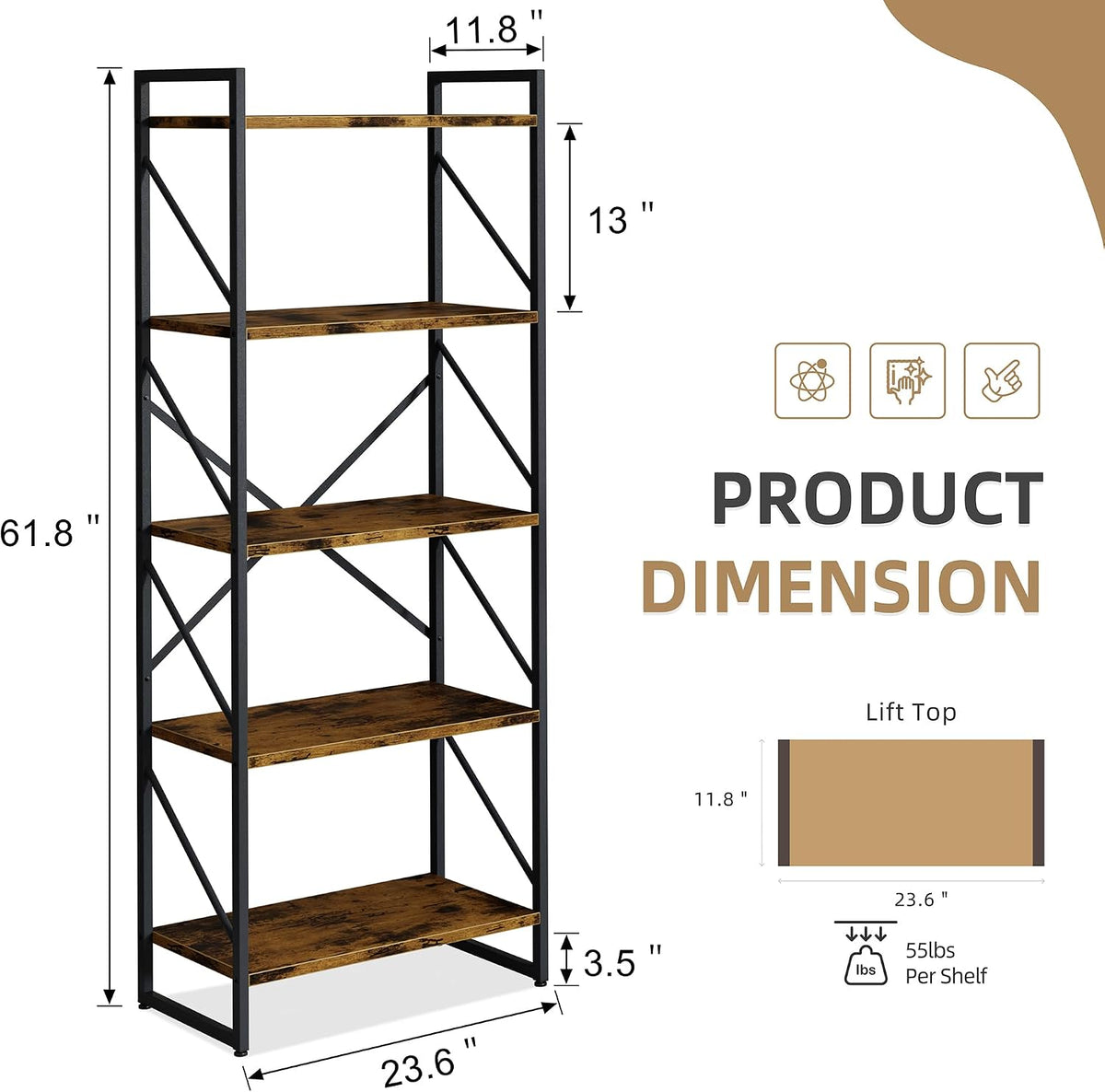Vongrasig 5 Tier Metal Bookshelf, Narrow Industrial Bookcase, Walnut