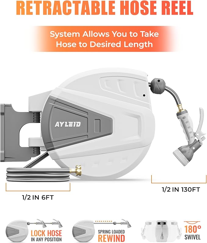 Ayleid Retractable Garden Hose Reel, 1/2 in x 130 ft Wall Mounted Hose Reel - Image 2