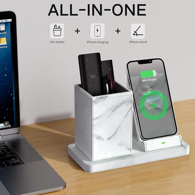 Multi-Functional Pencil Holder for Desk, marble Vegan Leather Organizers - Image 3