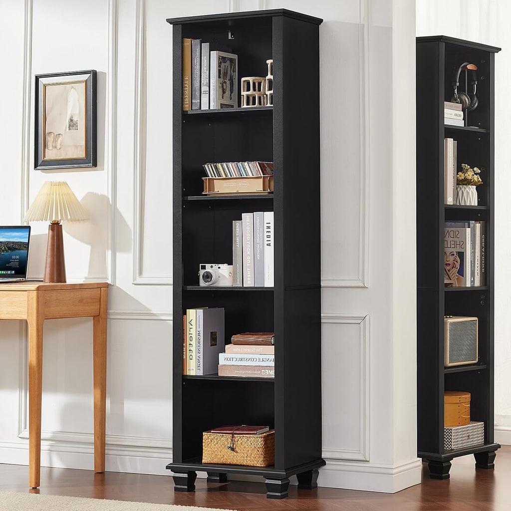 Narrow Black Book Shelf, 70" Tall Skinny Bookshelf with Adjustable