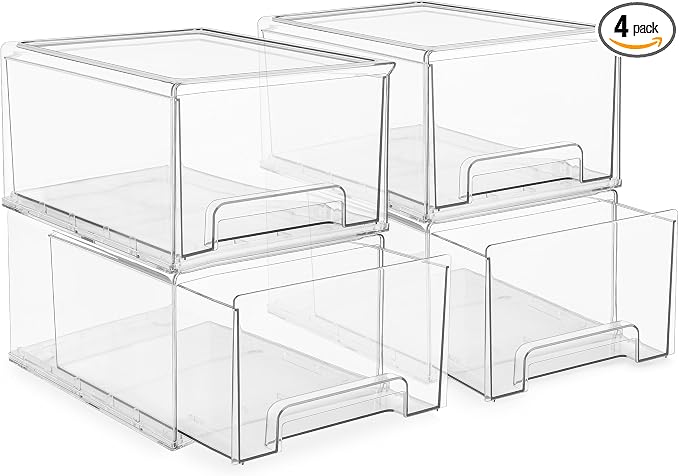 Sorbus Large Clear Stackable Storage Drawers – 4-Pack Plastic Organizer Bins by Sorbus