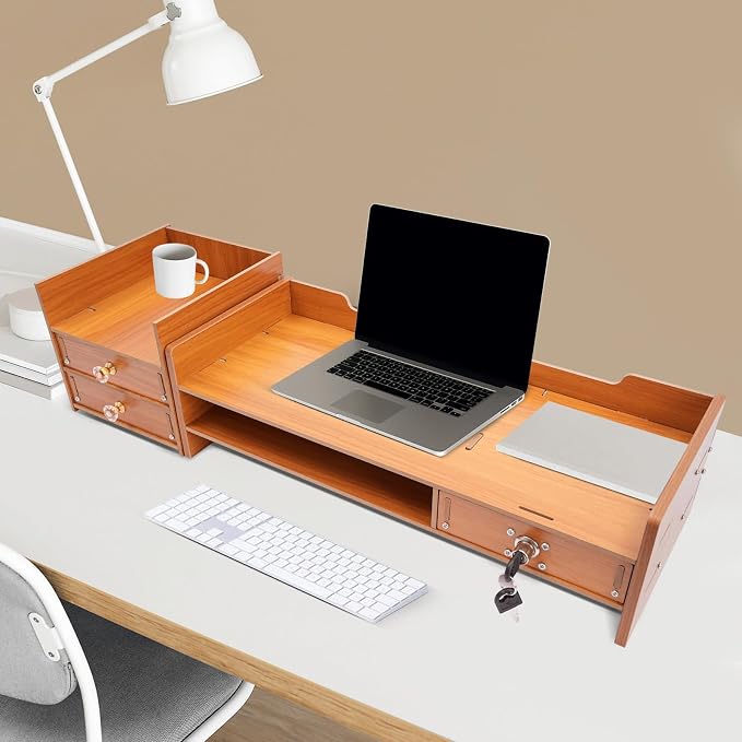 Wood Monitor Stand Riser with 3 Drawers & Lockable Storage – Desktop Organizer - Image 7