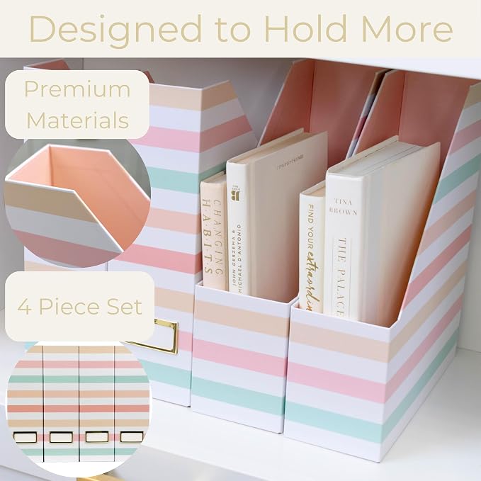 BLU MONACO Set of 4 Foldable Magazine Holders in Pastel Stripes | Cardboard - Image 5