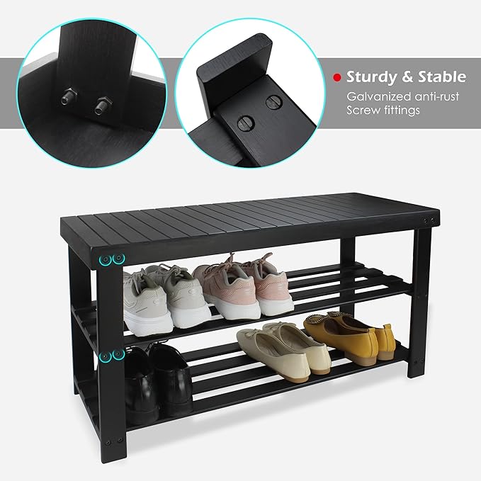 SMIBUY Bamboo Shoe Rack Bench, 3-Tier Shoe Organizer Storage Shelf - Image 6