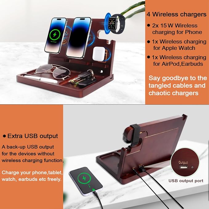 Wood Phone Docking Station, 27W Fast Charging 2 Phone Wireless Charging Station - Image 7