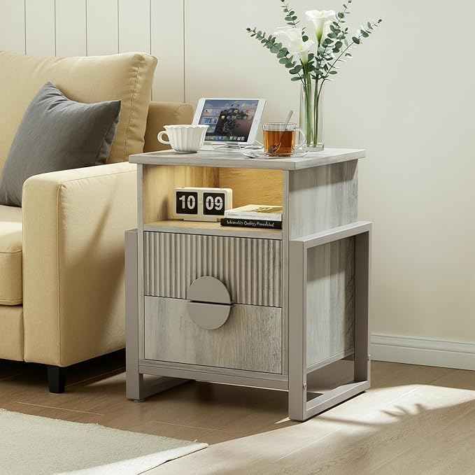 Fluted Nightstand with Charger Station Strip Lights, Large Accent Bed Side - Image 4