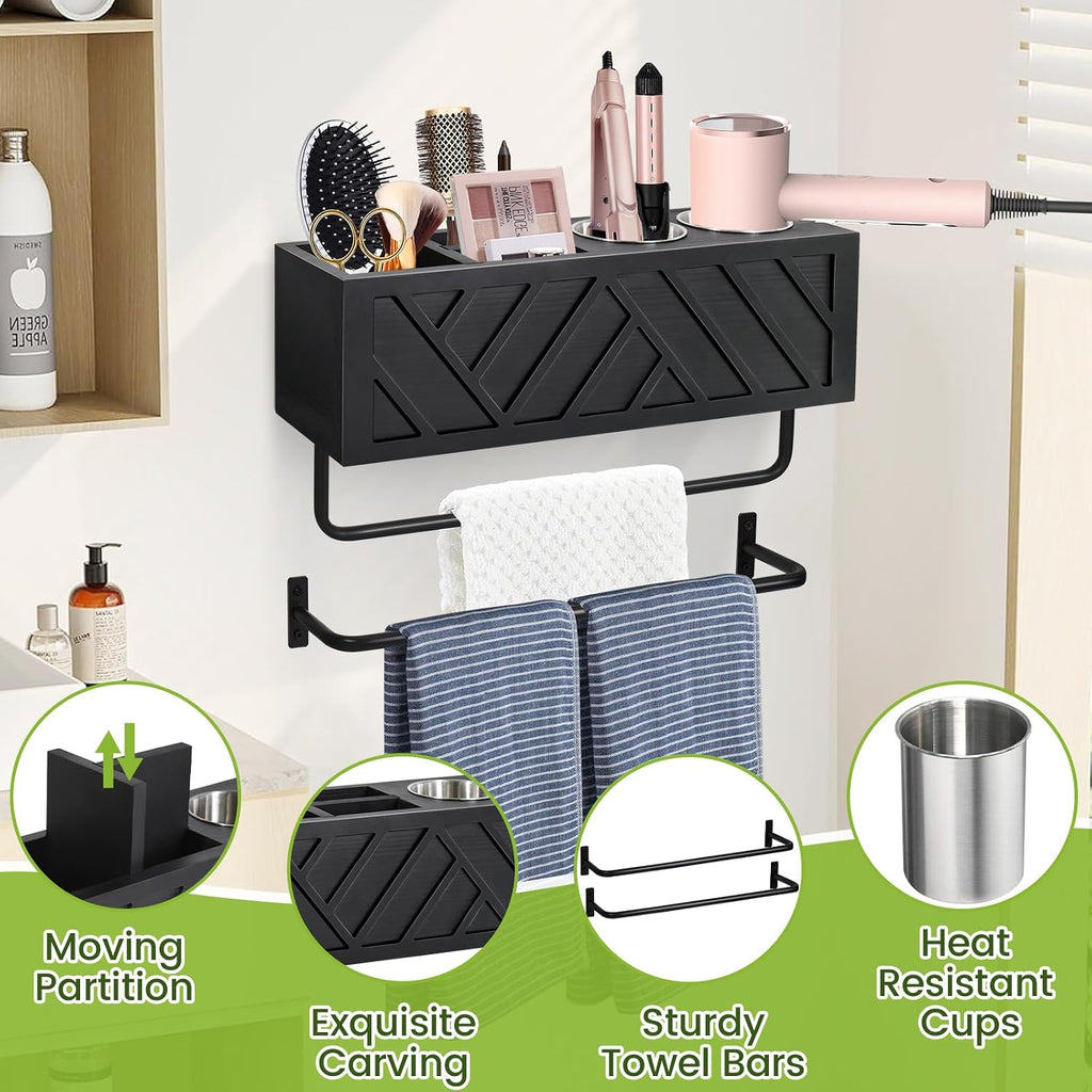 Hair Tool Organizer Wall Mount With 2 Towel Bars, Wood Hot Tools