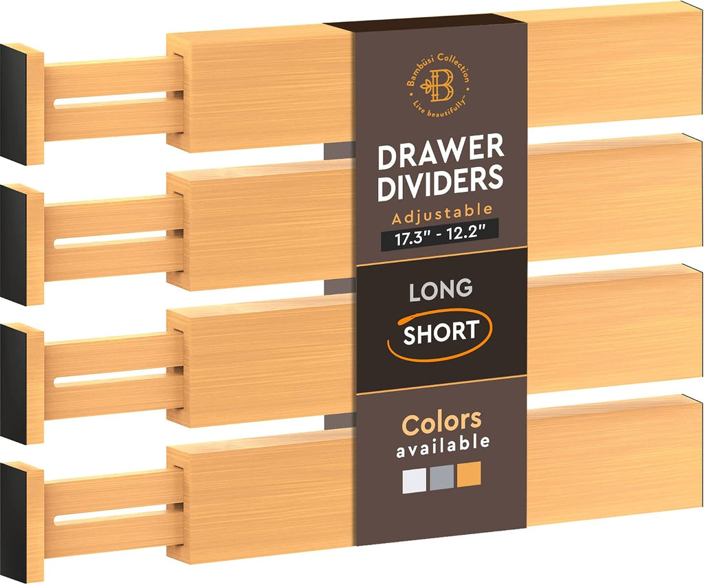 4-Pack Bamboo Drawer Dividers - 2.6 Inches High, Adjustable 12 to