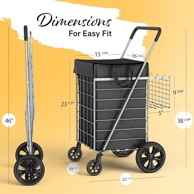 Shopping Cart w/Waterproof Basket Liner & 360° Swivel Wheels | Foldable - Image 2
