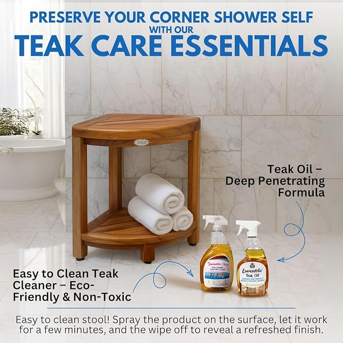 EcoDecors Fully Assembled SnazzyCorner® 18" Teak Shower Bench, Corner Shower - Image 9