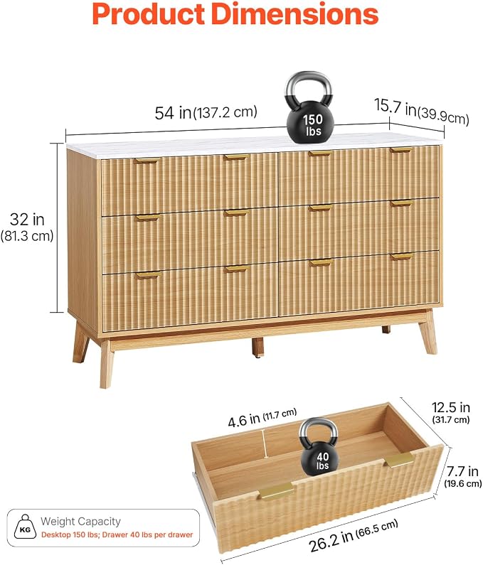 VEVOR Fluted 6 Drawer Dresser, Modern Dresser TV Stand, Wooden Closet Clothes - Image 2