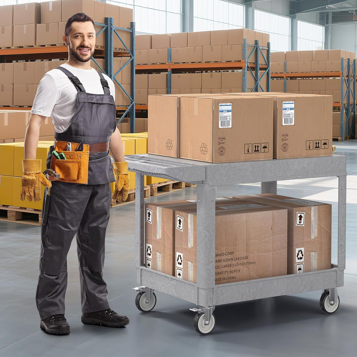 Large Garage Flat Top Utility Cart, Heavy Duty 2 Shelf Tool Cart