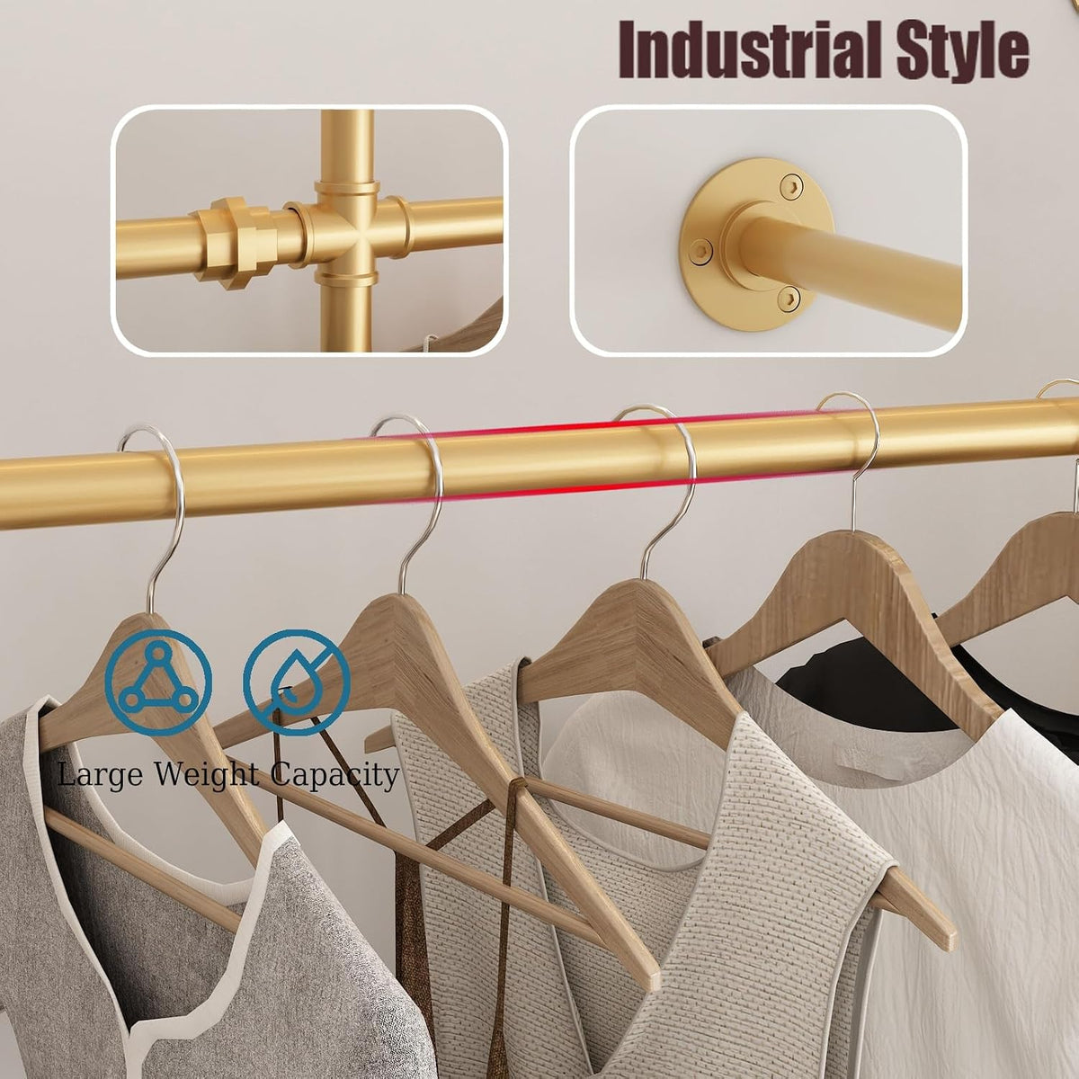 Gold Pipe Clothing Rack Wall Mounted, Industrial Pipe Clothes Racks
