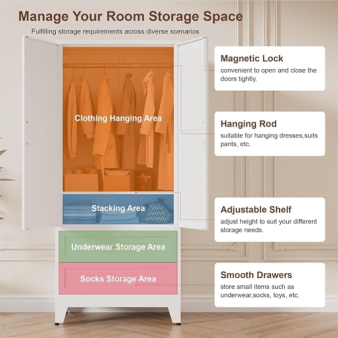 71" Tall Metal Wardrobe Cabinet - Image 4