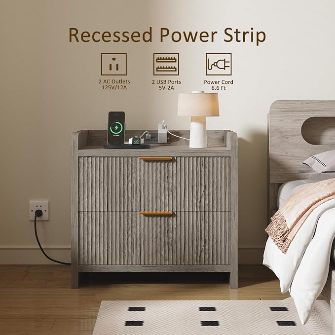 Fluted Nightstand with Charging Station, 23.6" Modern Night Stand with 2 Drawers - Image 4
