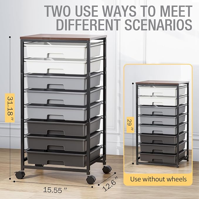 Rolling Storage Cart with 8 Drawers, Utility Cart on Wheels with Wooden Tabletop - Image 3