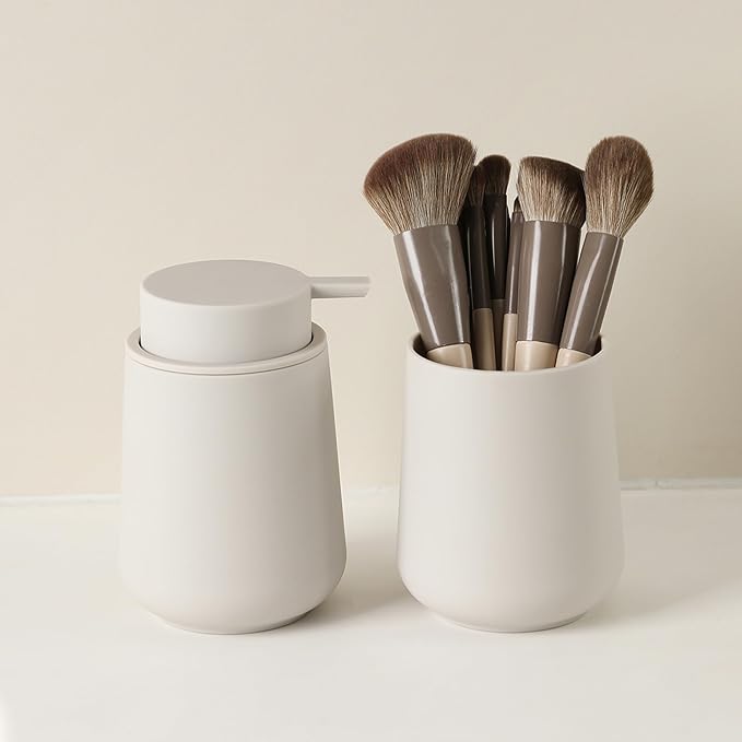 Matte Beige Bathroom Accessories 2 Piece Set Plastic Soap Dispenser and - Image 5