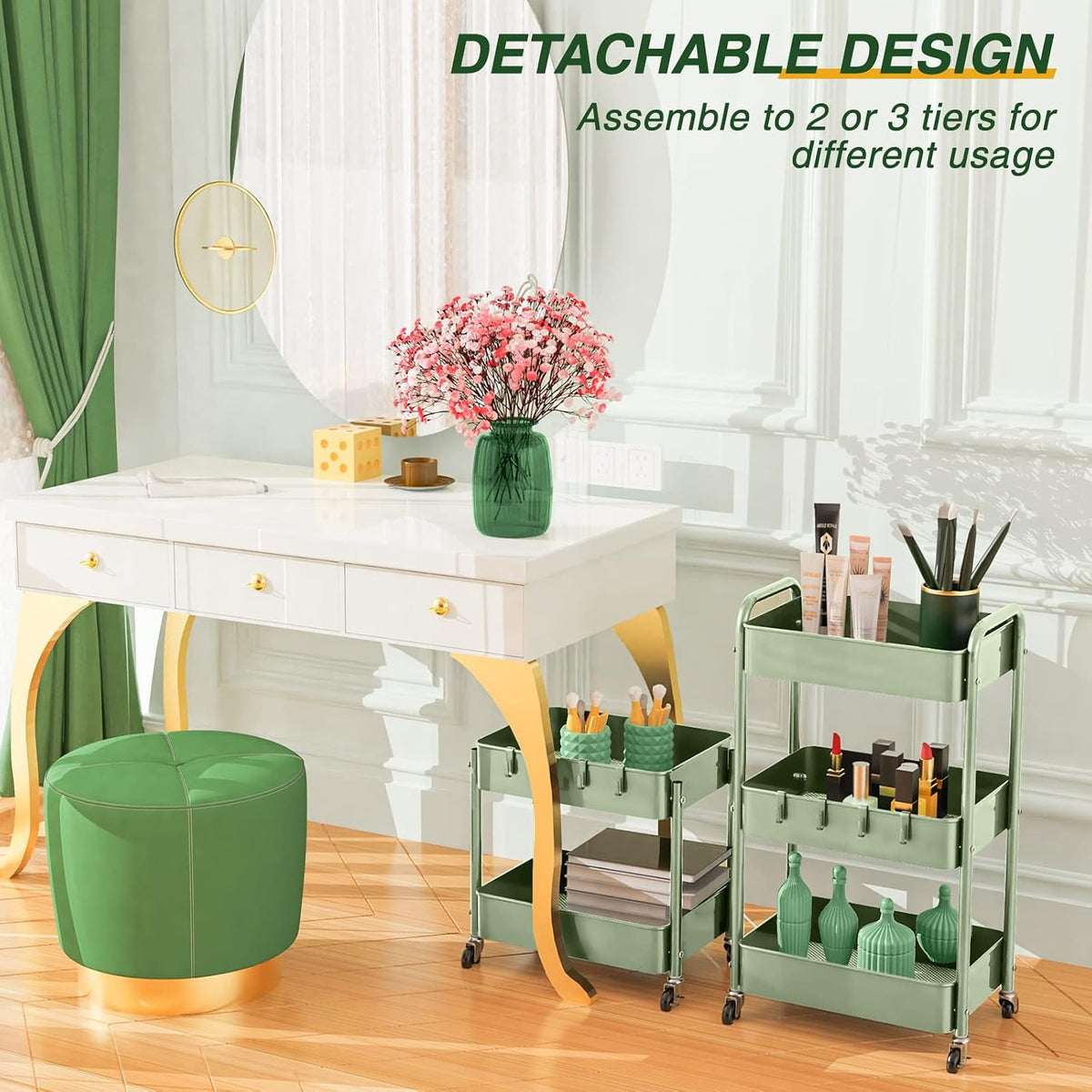 LEHOM 3 Tier Rolling Cart, Metal Rolling Utility Cart with Lockable
