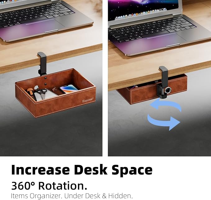PU Leather Under Desk Drawer Organizer, 360° Rotating Clamp - Image 3