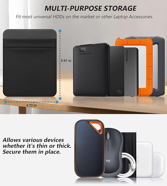 Lacdo Portable External Hard Drive Carrying Case, 2-Pocket Stick on Pouch Holder - Image 3