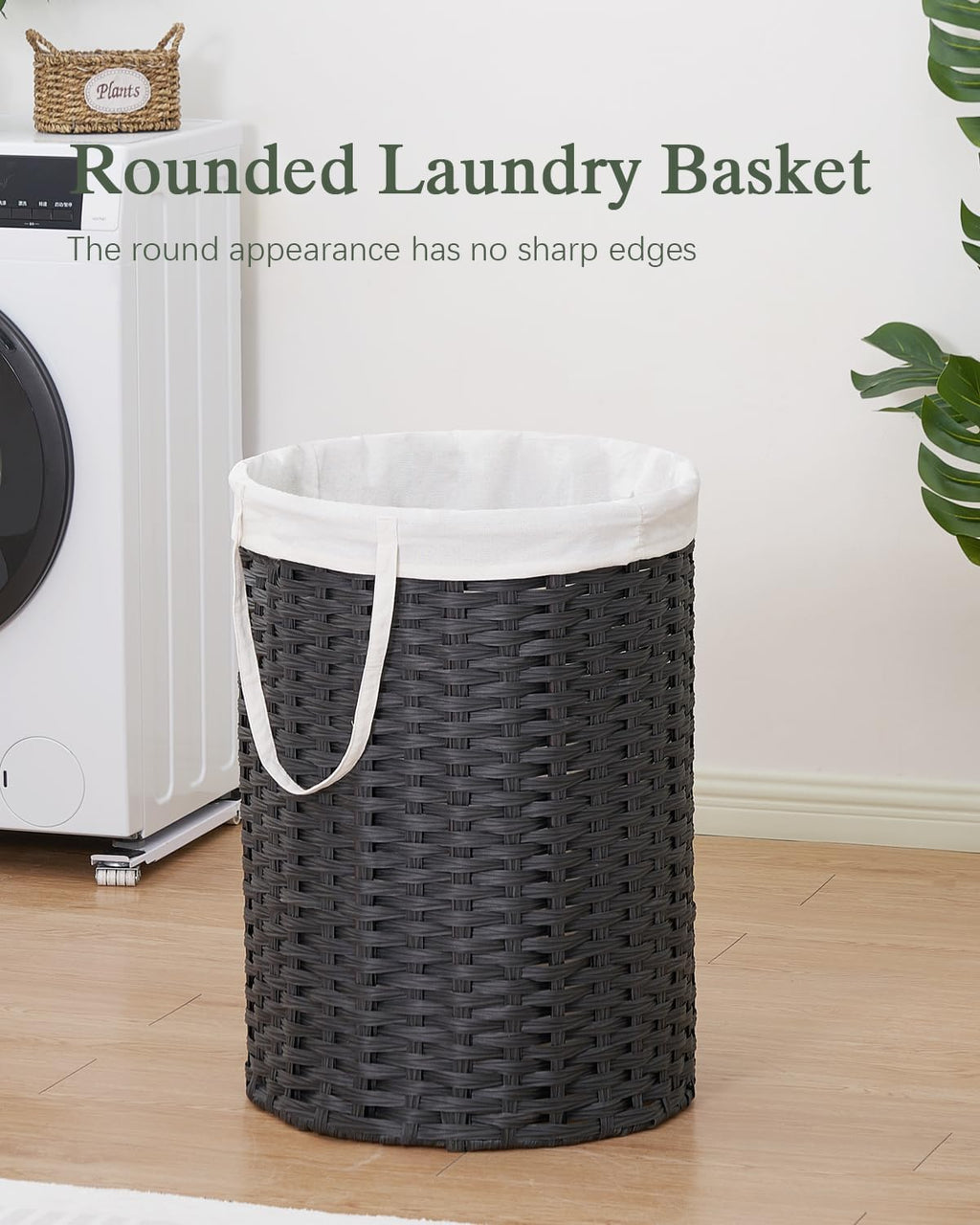 Laundry Basket Round PE Rattan Laundry Hamper, Black (No Lid)