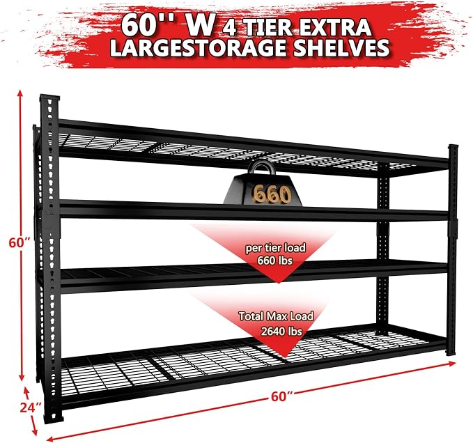 Storage Shelves, Garage Shelving Heavy Duty 2640LBS Capacity, 4 Tier Utility - Image 3