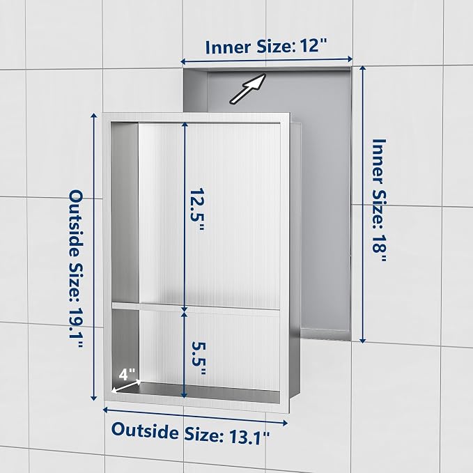Stainless Steel Shower Niche 18" X 12", No Tile Needed Wall Niche Double Shelves - Image 3