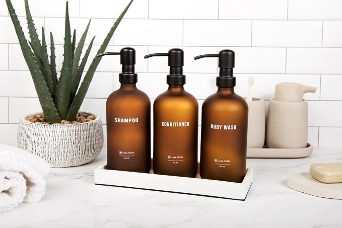 Frosted Amber Glass Shampoo and Conditioner Dispenser Set – Refillable 16 OZ - Image 5