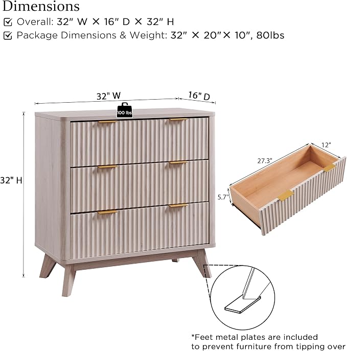 T4TREAM Fluted 3 Drawer Dresser, Curved Profile Design, Wood Drawer Organizer - Image 2