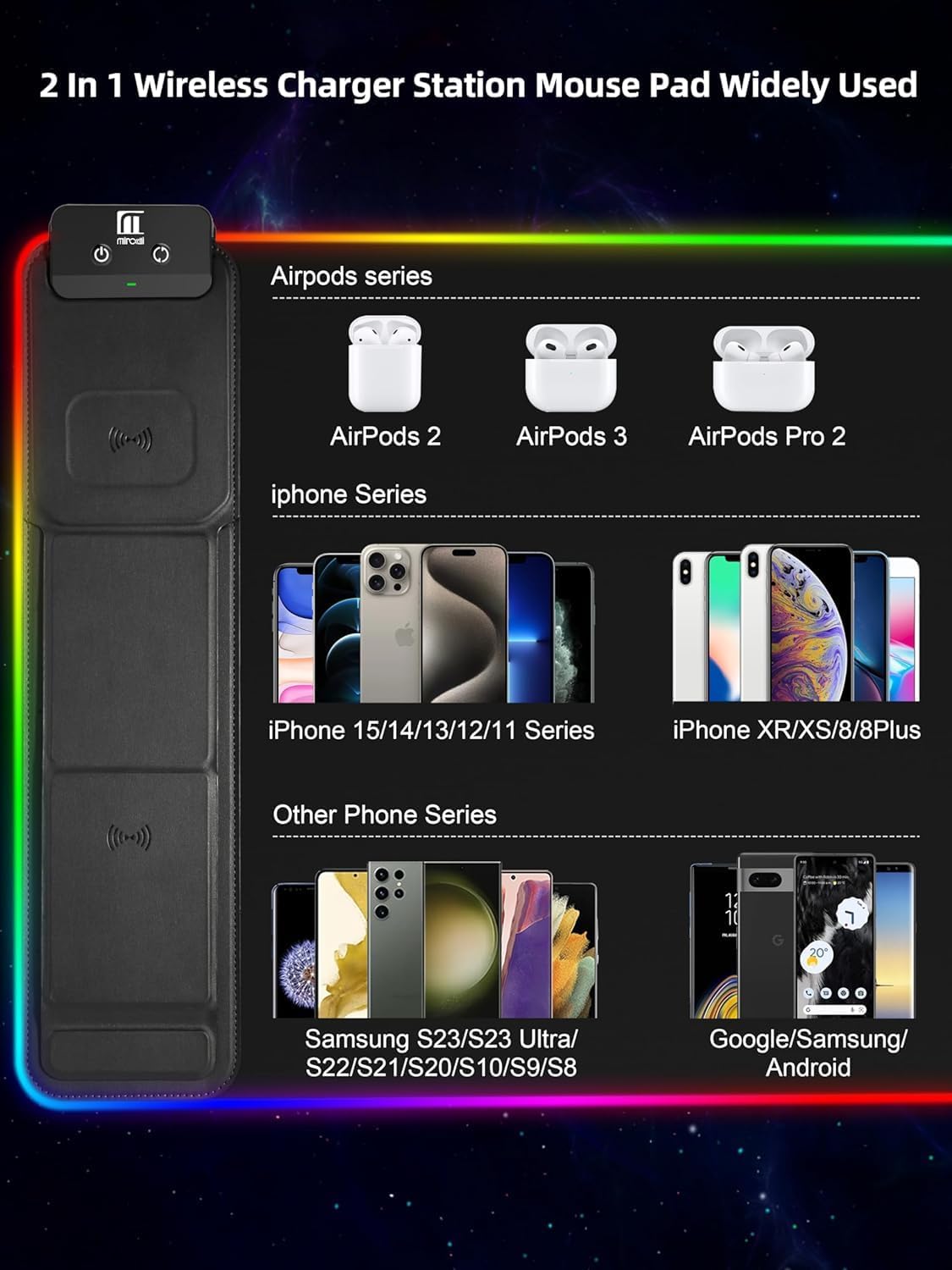 XXL Mouse Pad with Phone Holder - Black, RGB Desk Mat with 15W Fast