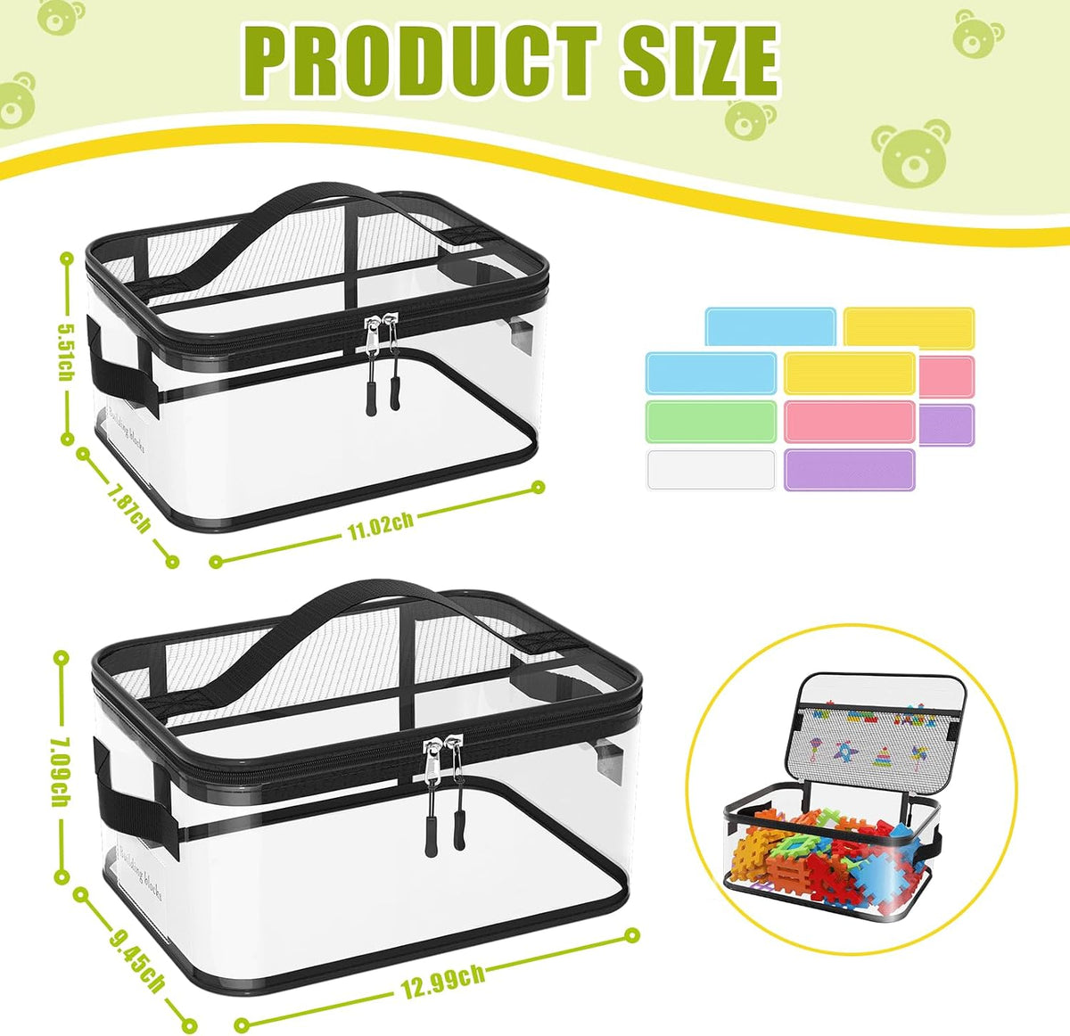 8 Pack Large Clear Toy Storage Bags with Labels, Handles, Zippers