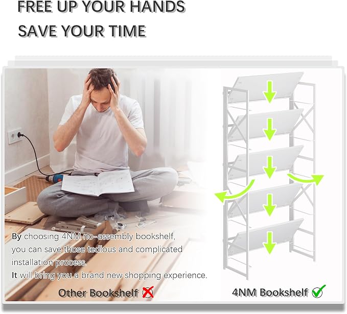4NM 5 Tiers No Assembly Book Shelves, 51.2" H Folding Bookshelf Bookcase Open - Image 7