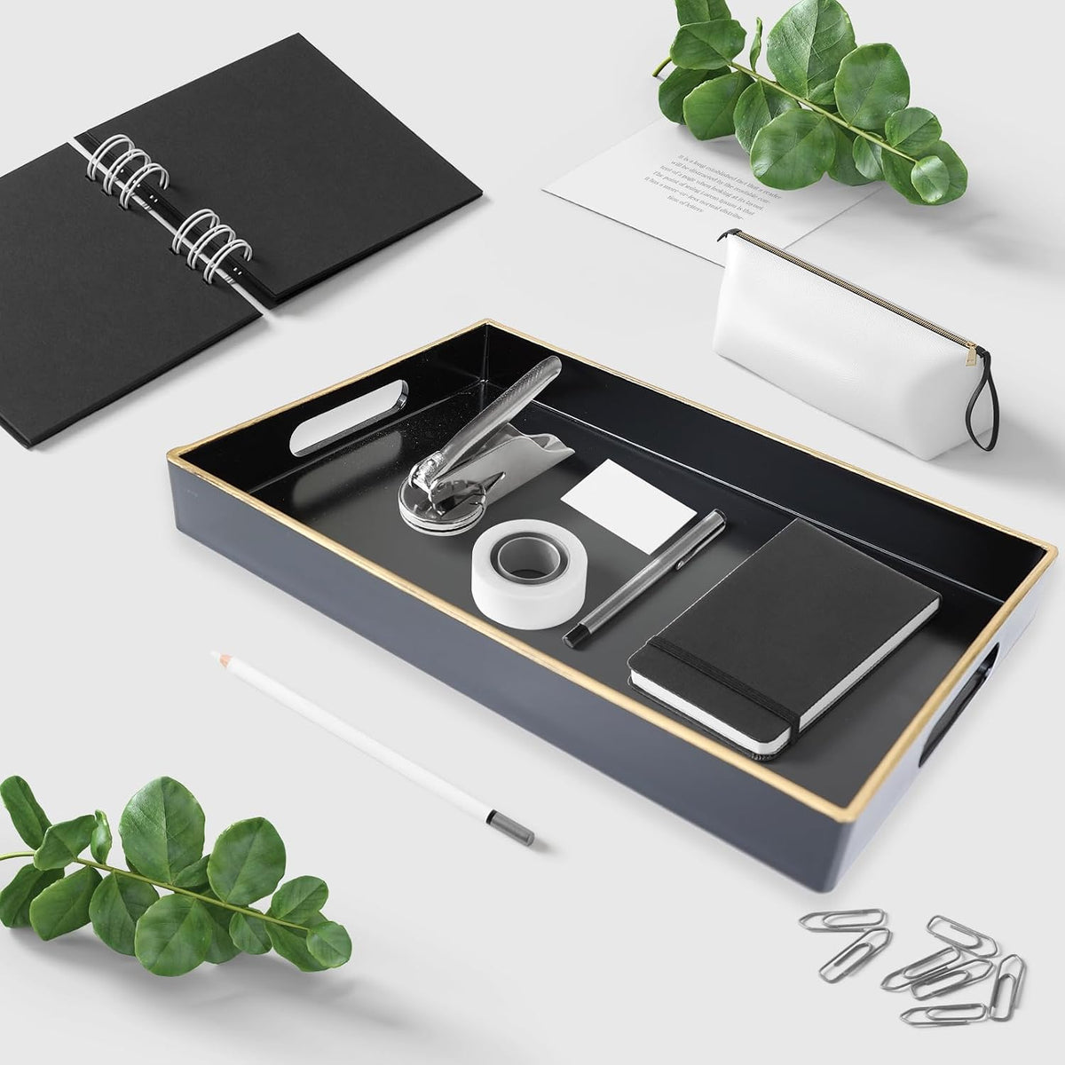 Spsyrine Black Bathroom Vanity Tray with Handles for Dresser Tops