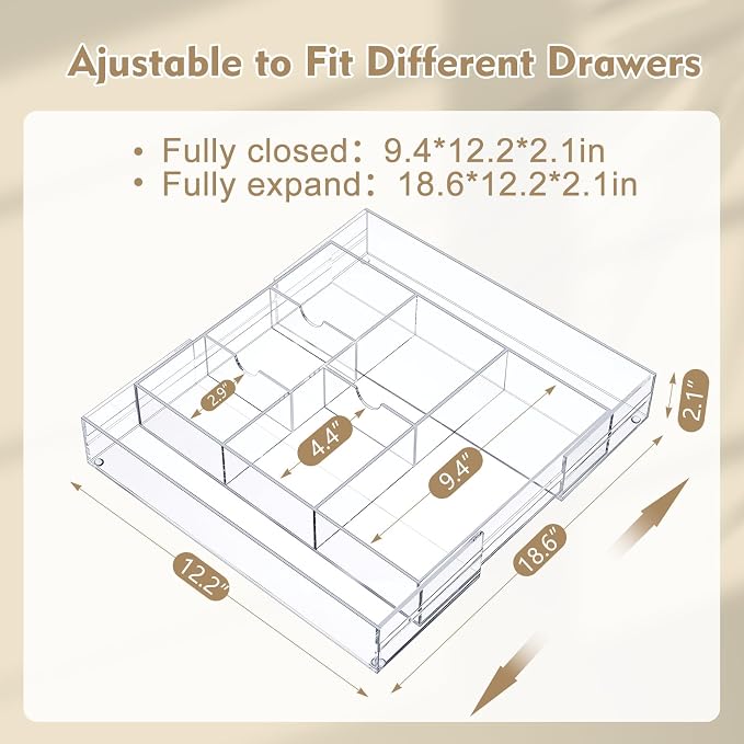2 Pcs Acrylic Desk Drawer Organizer Maximum 12 x 18 x 2.1 Inch Expandable - Image 2