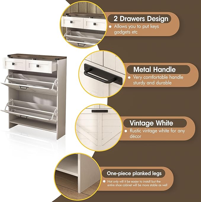 Shoe Cabinet with 2 Flip Drawers & 2 Drawers, Farmhouse Shoe Storage Cabinet - Image 4