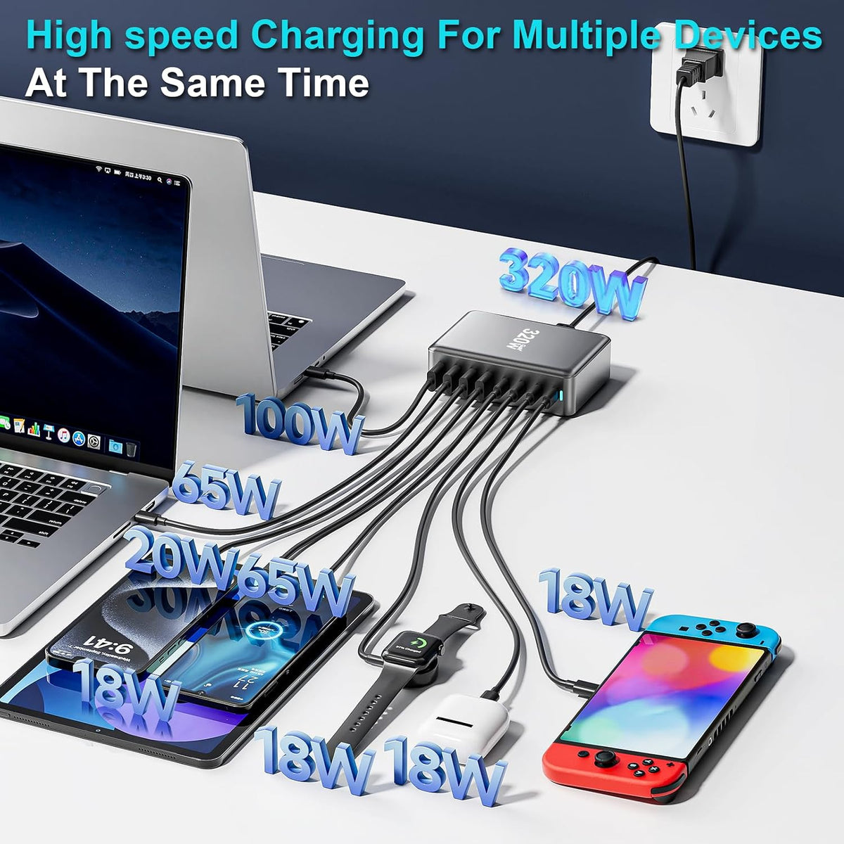 320W USB C Charger Block, Multi-port Fast USB Charging Station Dual PD