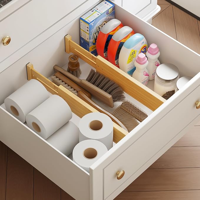 BAMEOS 4 pcs 3" High Bamboo Drawer Dividers Adjustable Drawer Organizer - Image 5