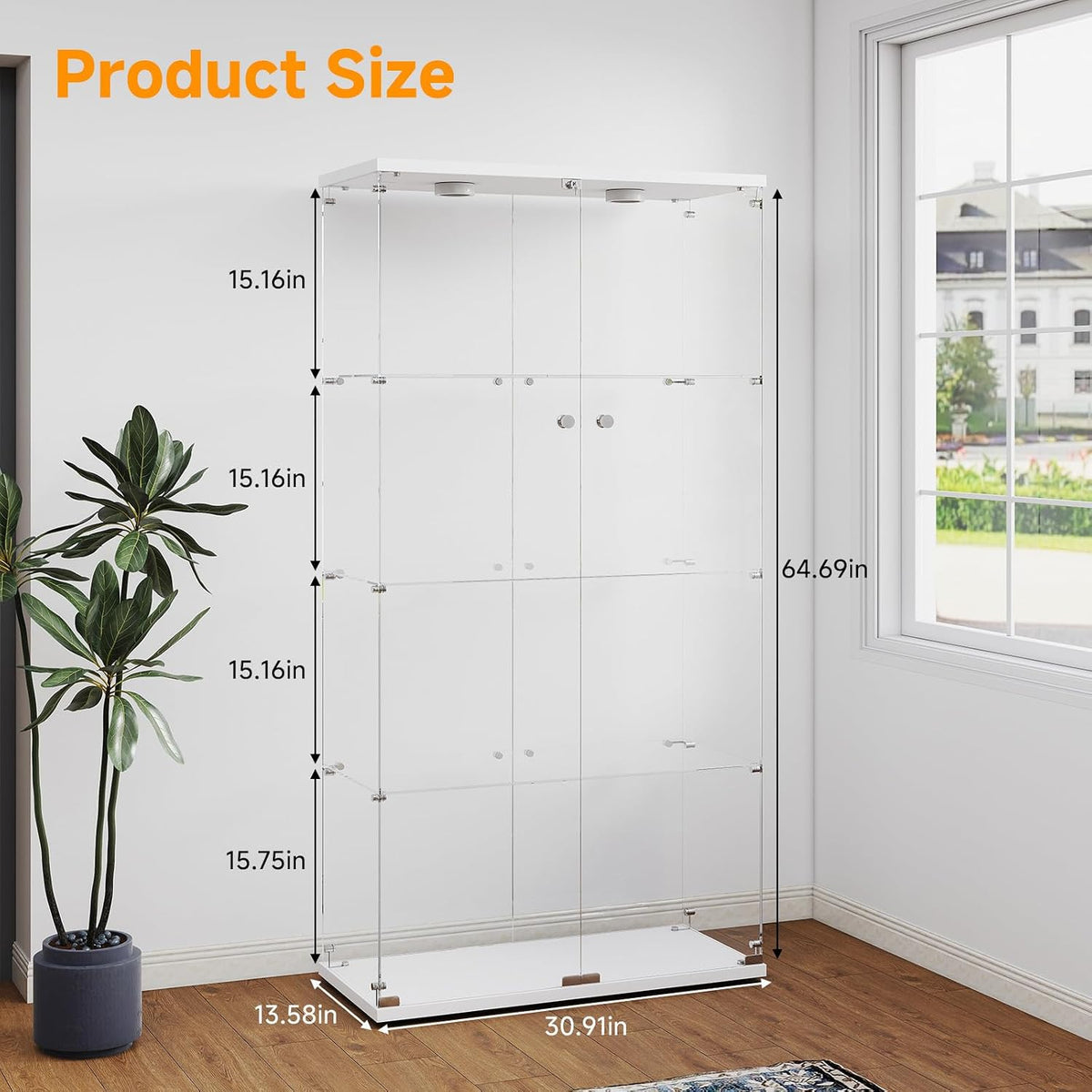 Zevemomo 4-Tier Glass Display Cabinet with Lights, Double Door, White