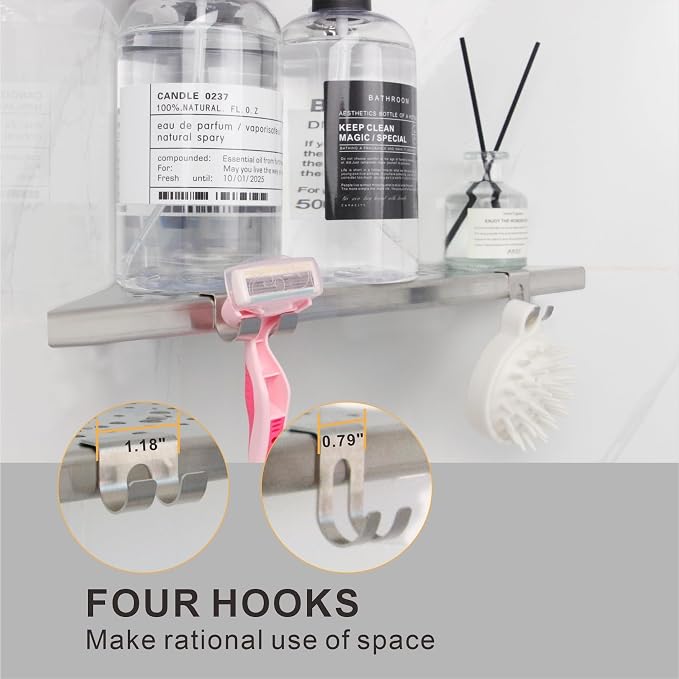 Shower Corner Shelf with 4 Hooks, No-Drill 10" Brushed Nickel 304 Stainless - Image 3