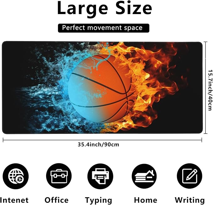 Gaming Mouse Mat Basketball Ball in Fire and Water Large Mouse Pad Extended - Image 3
