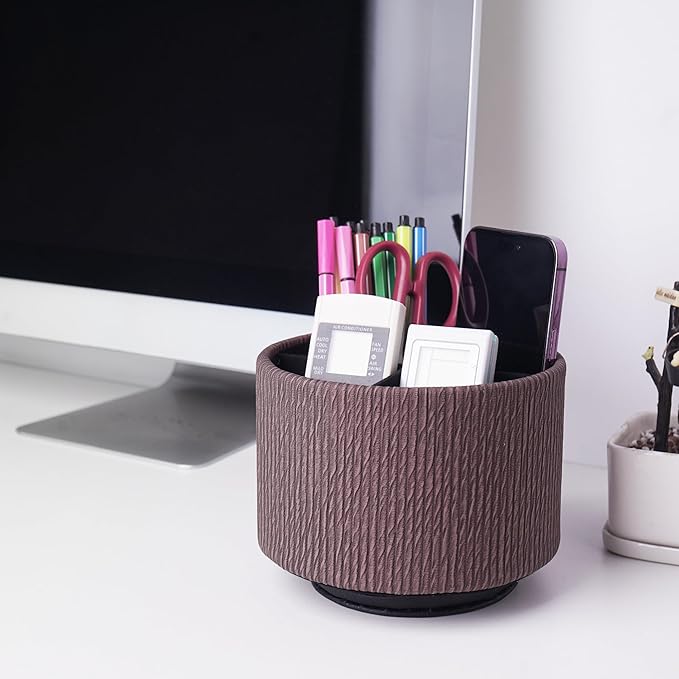 Round Leather Art Supply Organizer, Remote Control Holder, 360 Degree Spinning - Image 7