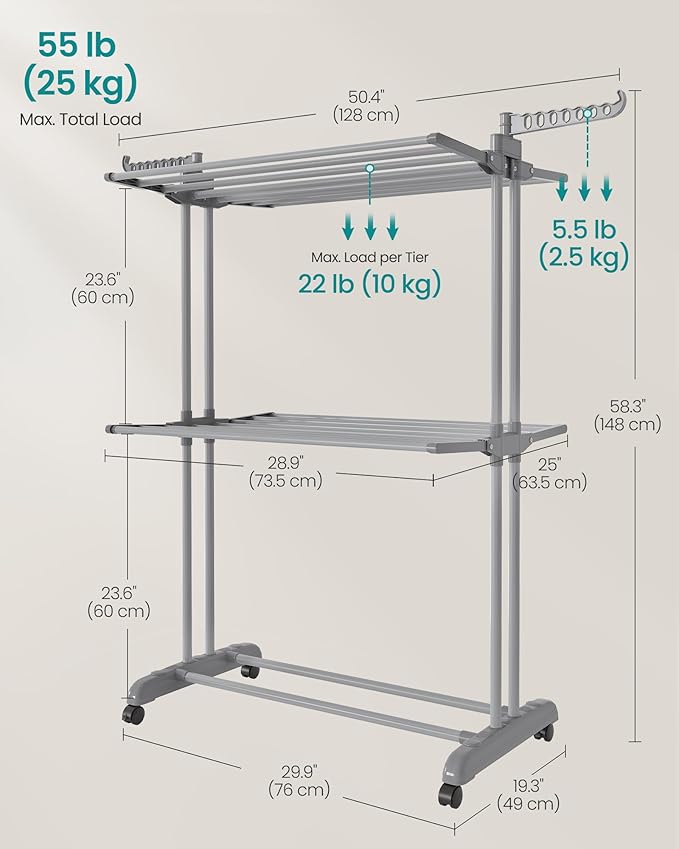 SONGMICS Clothes Drying Rack 3-Tier, Foldable Laundry Drying Rack 58.3-Inch Tall - Image 5