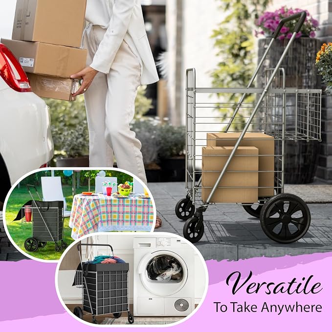 Shopping Cart w/Waterproof Basket Liner & 360° Swivel Wheels | Foldable - Image 5