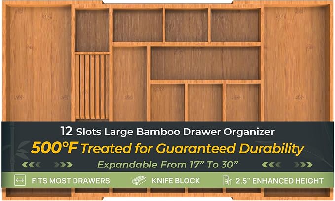 Carbonized Large Bamboo Kitchen Drawer Organizer, 12 Slots Expandable by Keechee