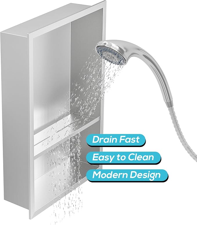 Stainless Steel Shower Niche 18" X 12", No Tile Needed Wall Niche Double Shelves - Image 6