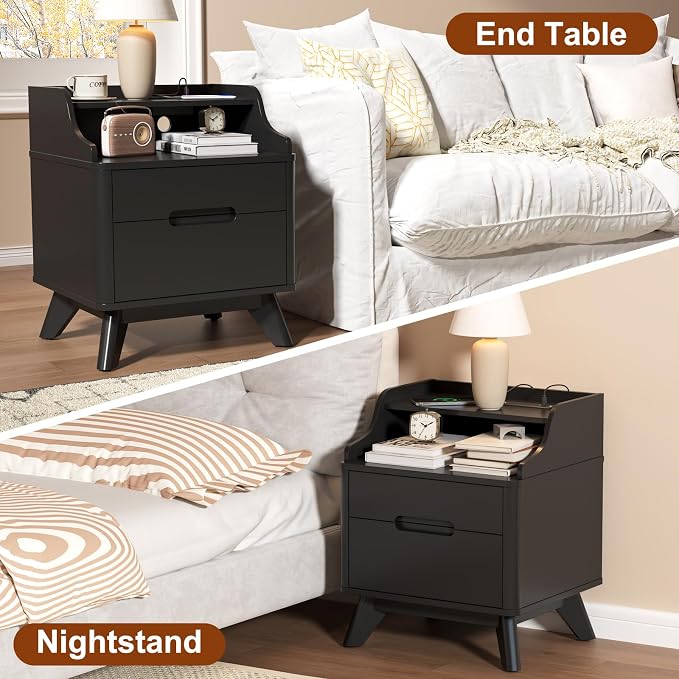 Nightstand with Charging Station, Wood Night Stand with Hidden Handle - Image 6